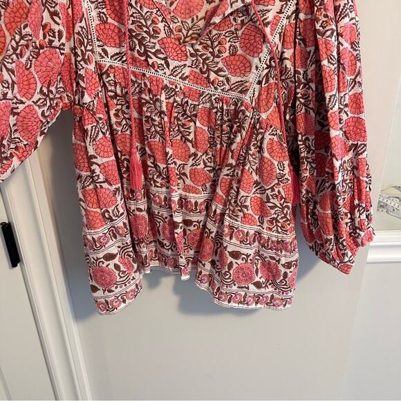 Tuckernuck Marea Pink White Floral Cotton Long Sleeve Tassel Block Print Top M - Picture 7 of 13